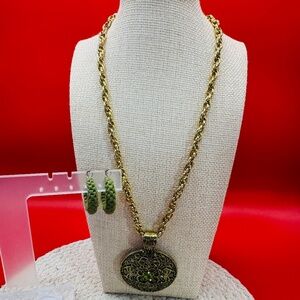 Gold Necklace With Green Rhinestone Pendant And Hoop Earrings Bundle